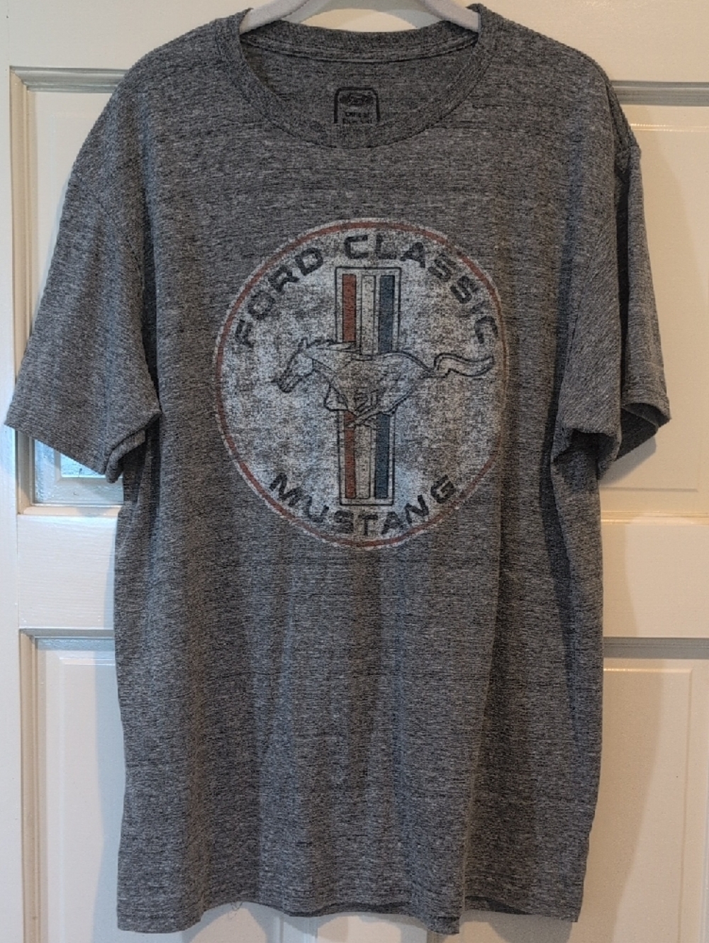 Ford Men's Heather Gray Mustang Graphic Tee with Red & Blue Stripe Large Pony